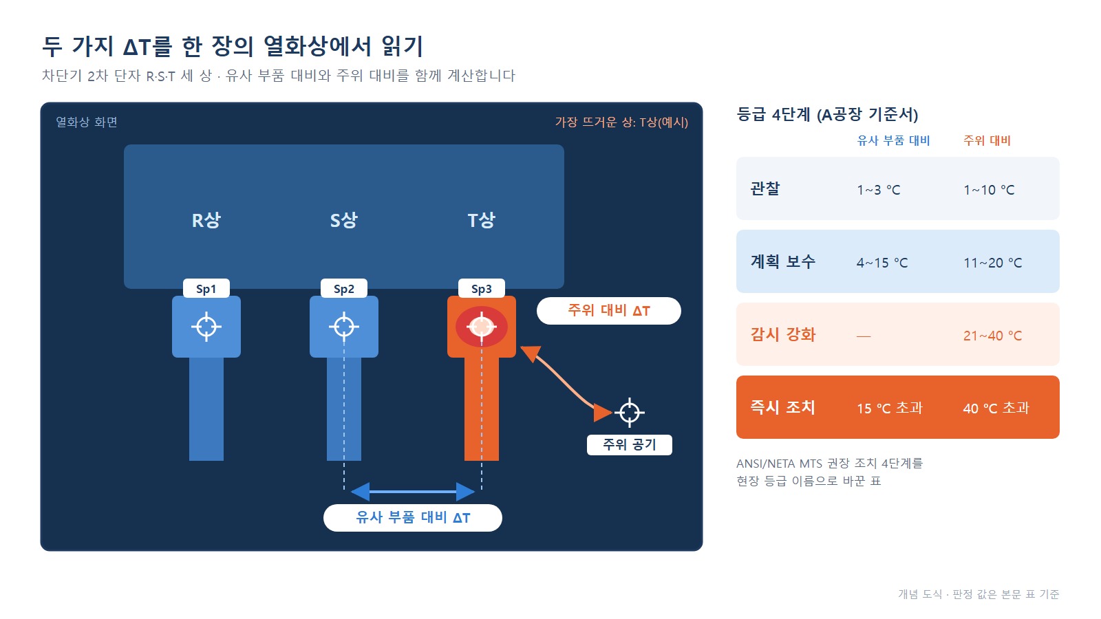 열화상 ΔT 도식 - R·S·T 세 상 측정점과 유사 부품 대비·주위 대비 ΔT 화살표