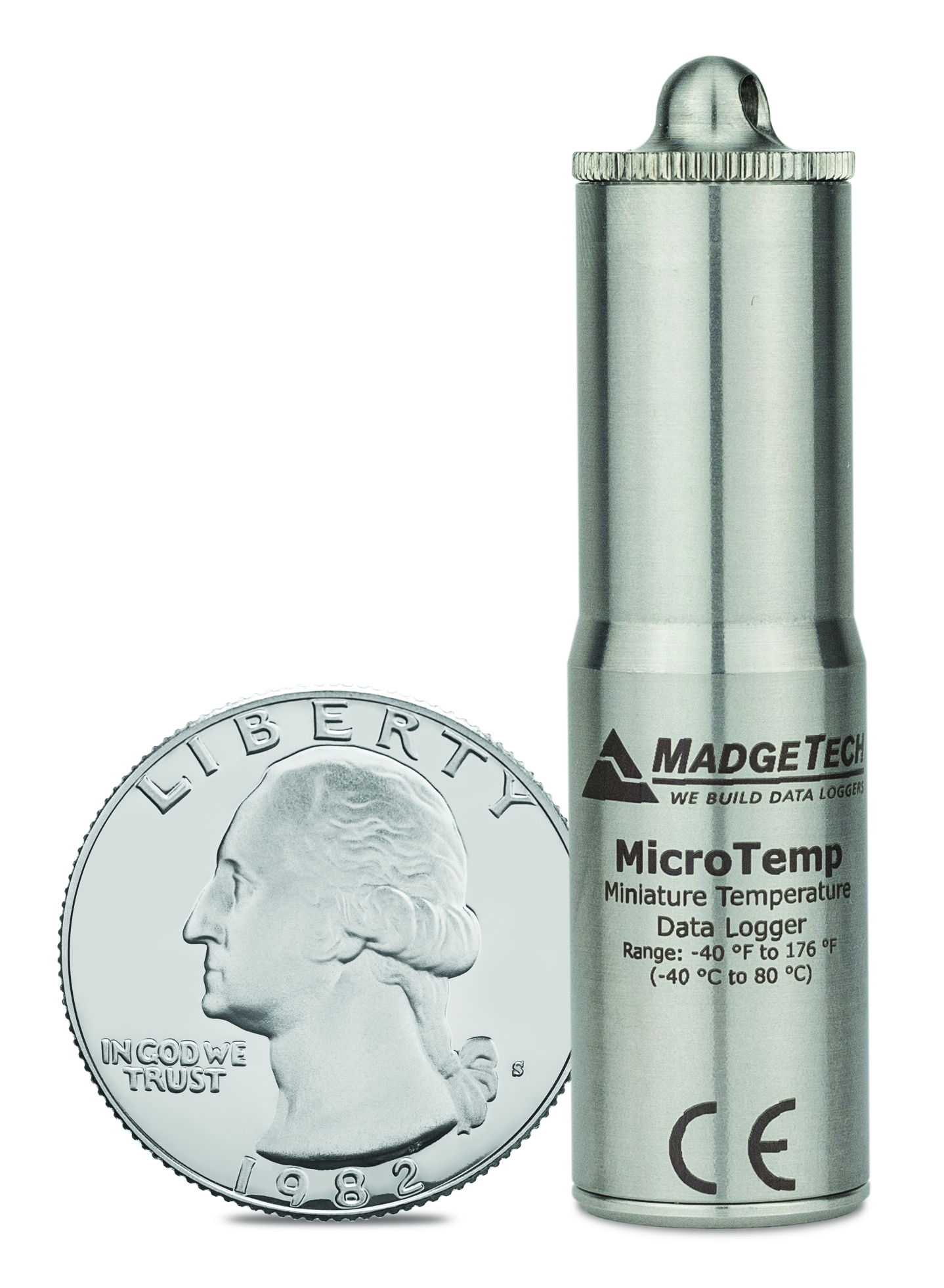 MadgeTech MicroTemp - 동전과 크기를 비교한 MicroTemp
