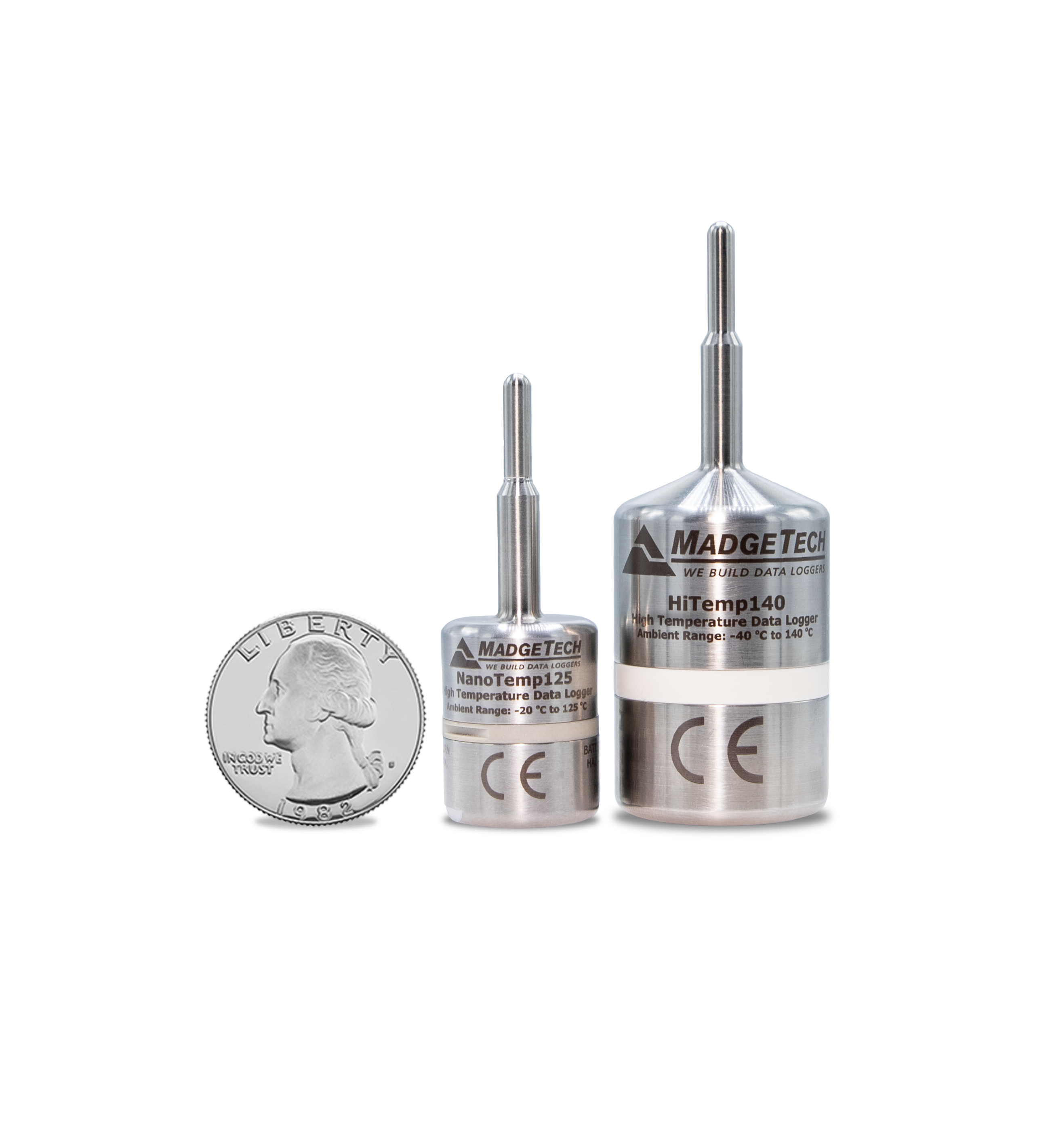 MadgeTech NanoTemp125 - 동전과 크기를 비교한 NanoTemp125 두 가지 길이