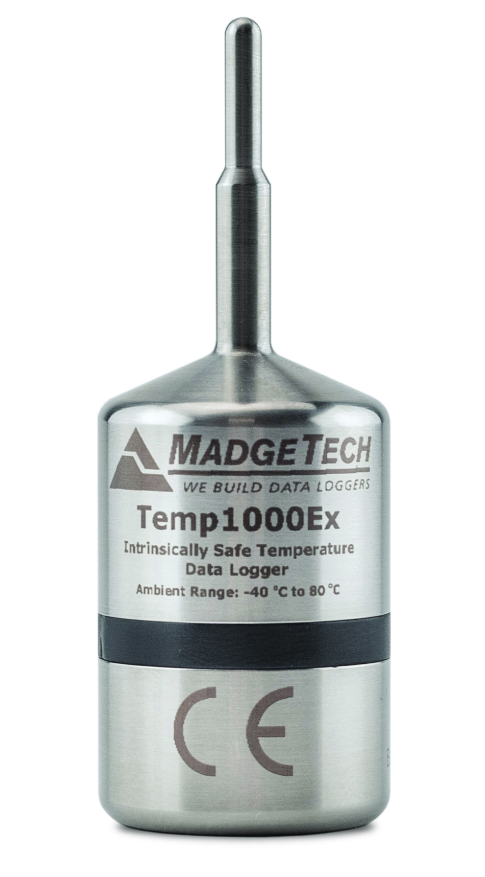 MadgeTech Temp1000Ex - 본질안전 표시와 CE 마크가 보이는 Temp1000Ex 정면