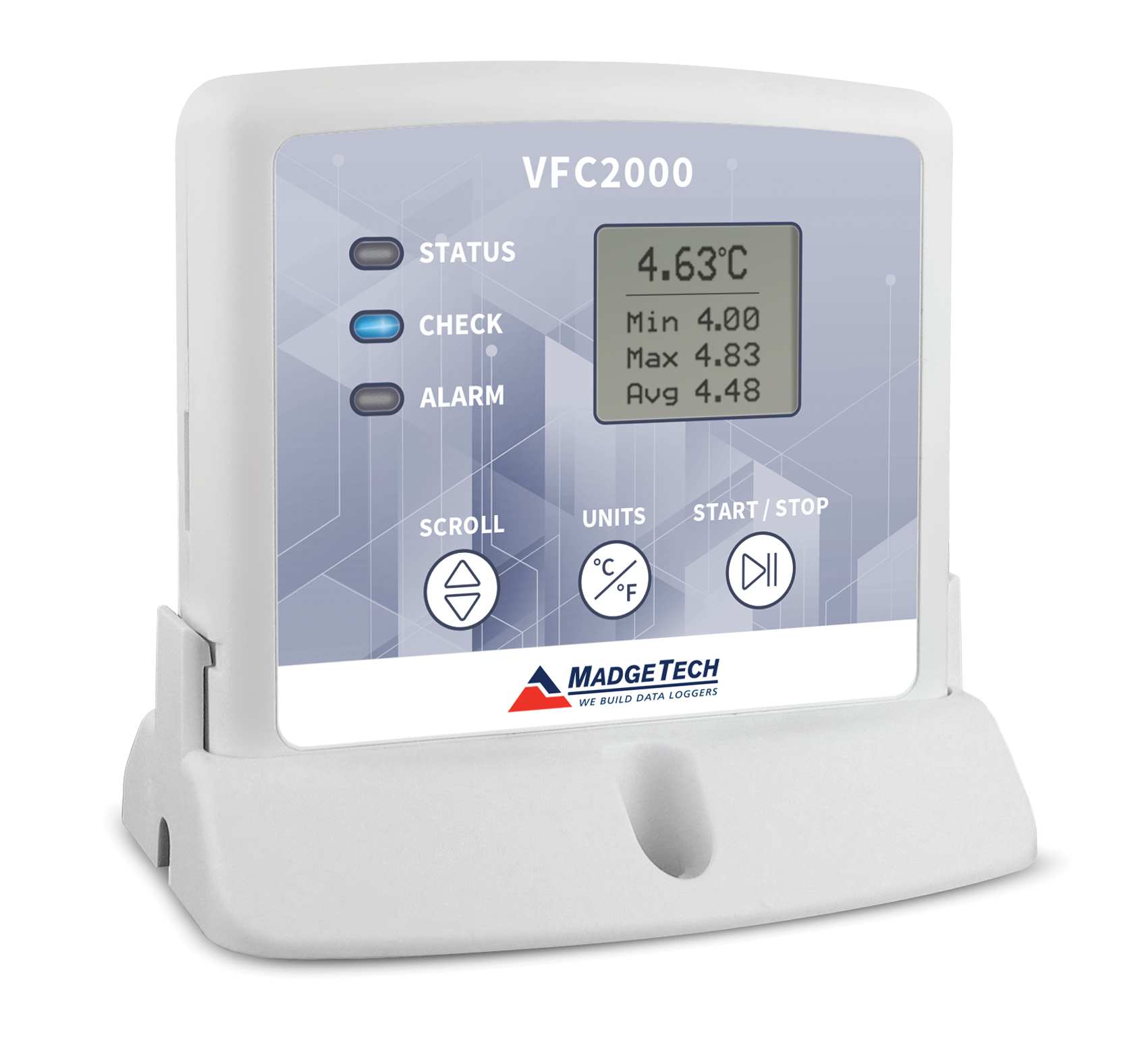 MadgeTech VFC2000 - 받침대에 올린 VFC2000 로거 본체