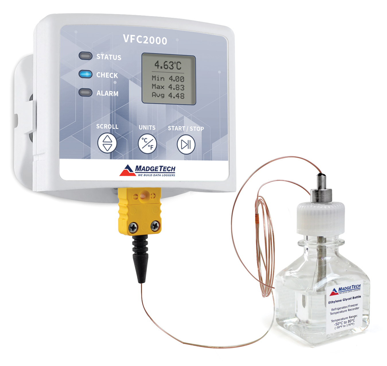 MadgeTech VFC2000 - 글리콜 병 프로브를 연결한 VFC2000
