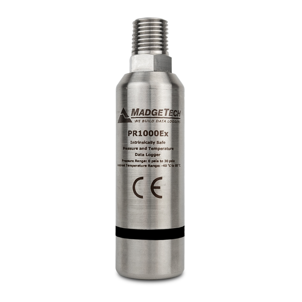 MadgeTech PR1000Ex - 본질안전 표기와 CE 마크가 보이는 PR1000Ex 정면