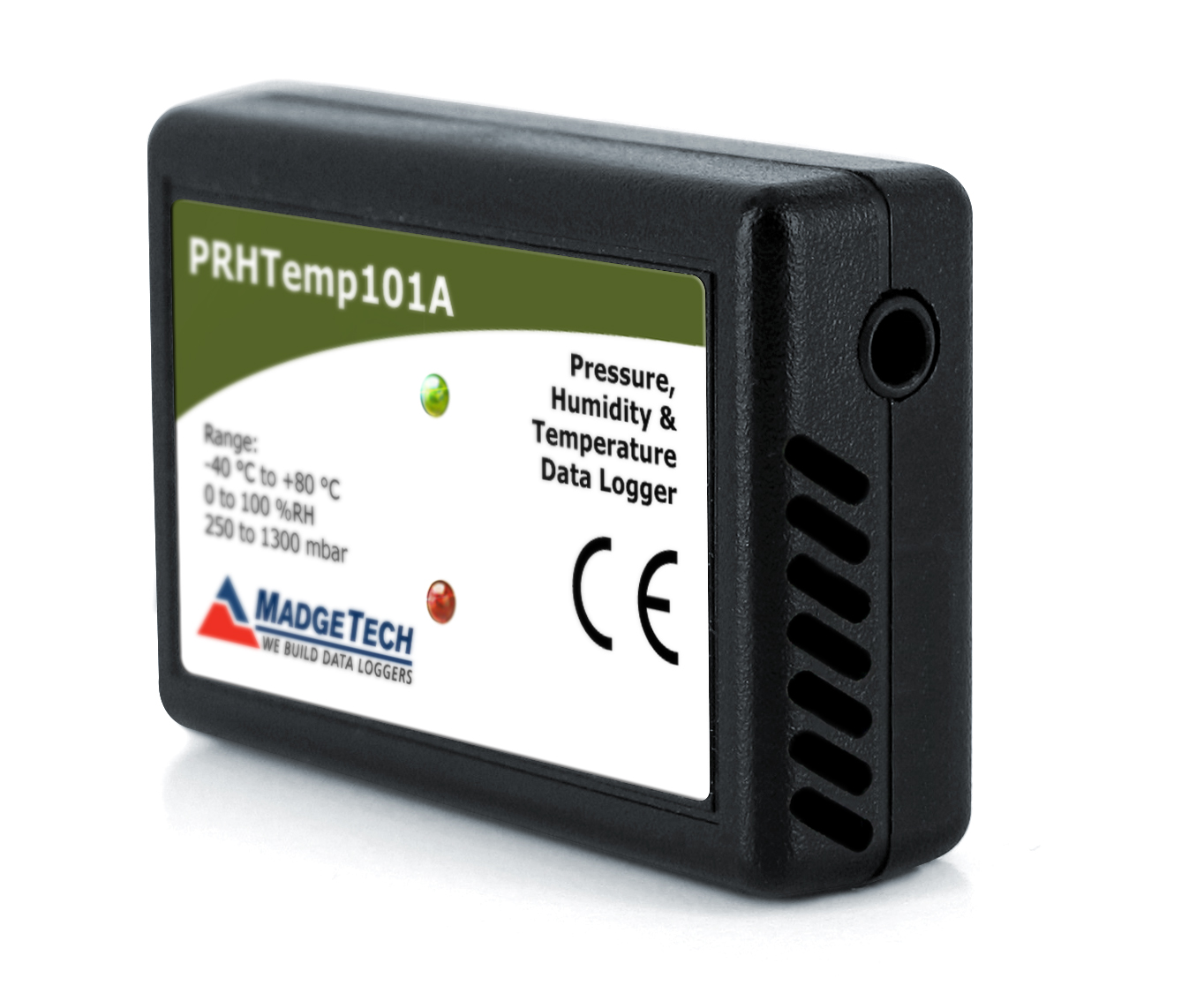 MadgeTech PRHTemp101A - 측면 통풍 슬릿과 접속부가 보이는 PRHTemp101A