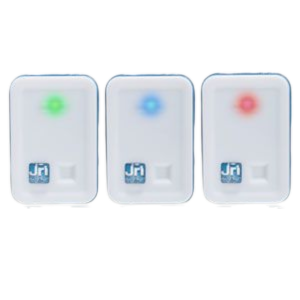 JRI Nano SPY T2 무선 온도 로거 - 초록·파랑·빨강 표시등이 켜진 Nano SPY T2 세 대