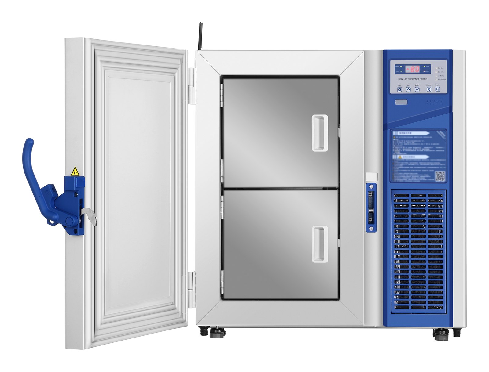 Haier Biomedical DW-86L51J 언더카운터 초저온 냉동고 - 외측 도어를 열어 스테인리스 내부 도어 2개가 보이는 본체