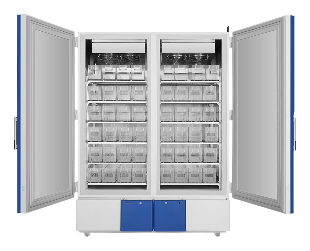 Haier Biomedical DW-30L698 -30 °C 대용량 냉동고 - 양문을 열어 서랍과 바구니가 보이는 내부