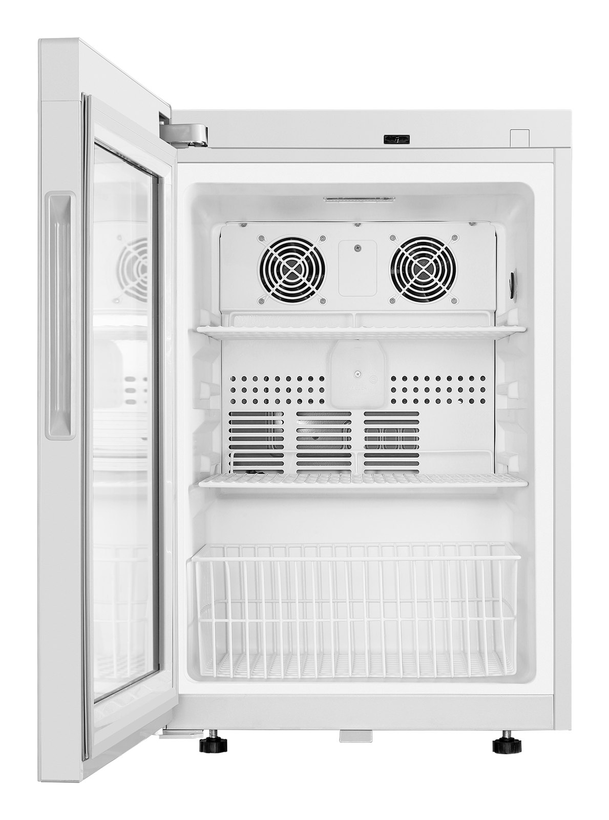 Haier Biomedical HYC-85GD/FD 소형 약품 냉장고 - 도어를 열어 선반과 바구니가 보이는 언더카운터형 본체