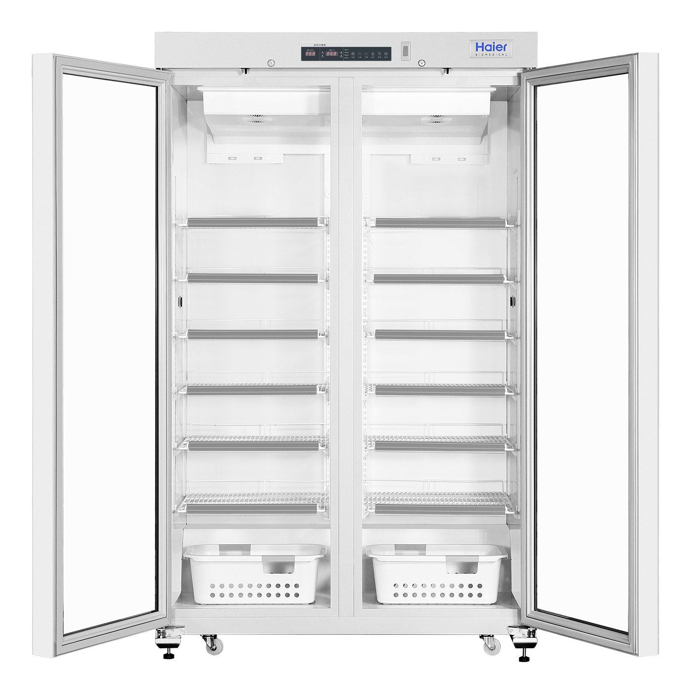 Haier Biomedical HYC-761GD 대형 약품 냉장고 - 양문을 열어 선반과 바구니가 보이는 본체