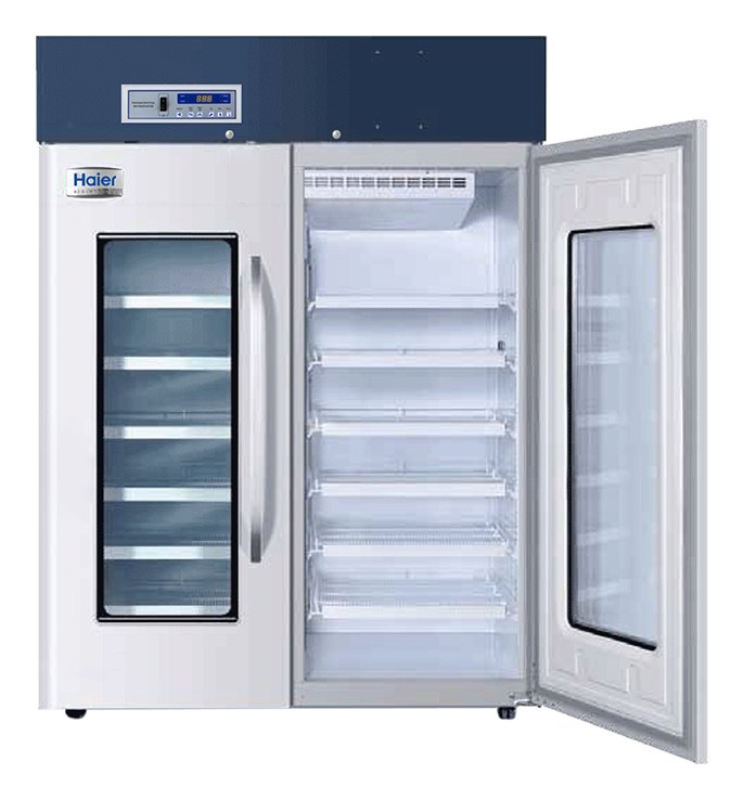 Haier Biomedical HYC-410 표준형 약품 냉장고 - 한쪽 도어를 열어 선반이 보이는 본체