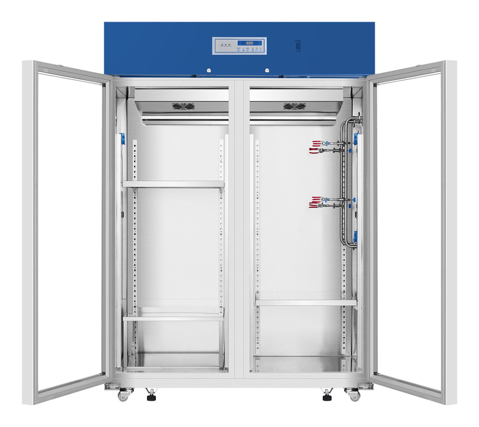 Haier Biomedical HYC-1100C 크로마토그래피 냉장고 - 양문을 열어 챔버와 컬럼 지지 프레임이 보이는 본체