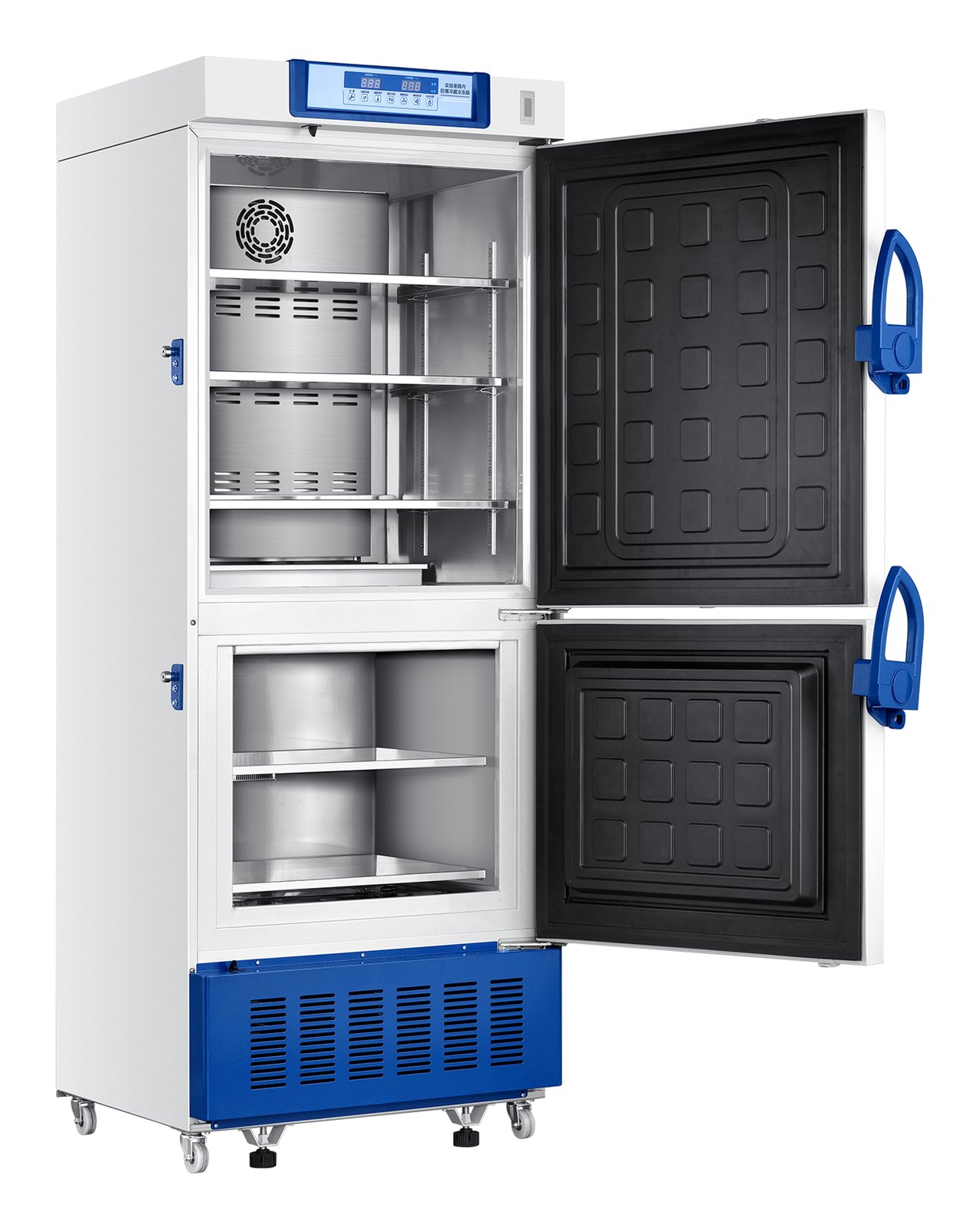Haier Biomedical HLRF-319SF 스파크 방지 냉장·냉동고 - 두 도어를 열어 선반과 내부가 보이는 본체