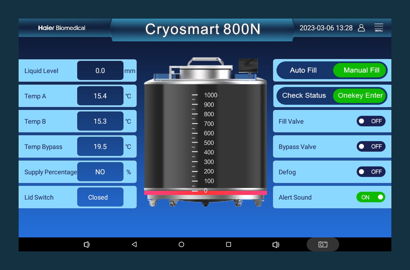 Haier Biomedical YDD-850-465 ~ YDD-1800-635 초대용량 액체질소 보관 용기 - Cryosmart 800N 화면의 수위·온도·자동 급액 설정