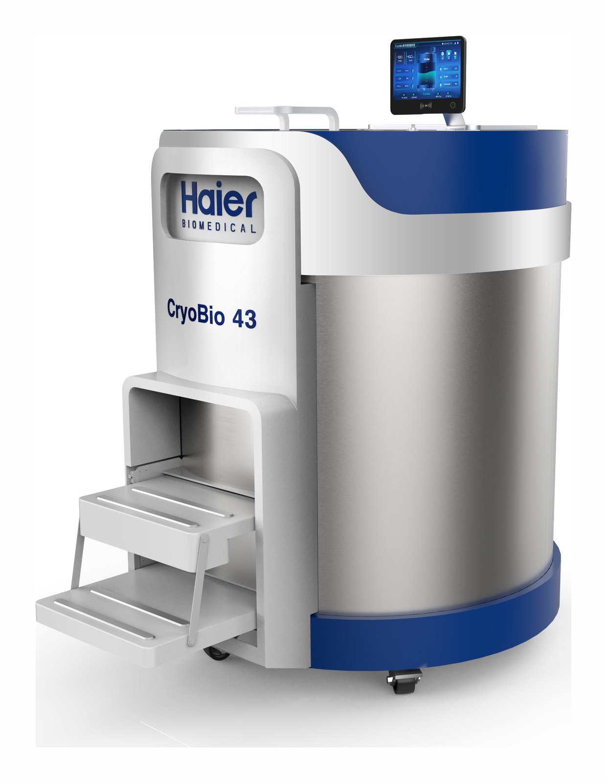 Haier Biomedical CryoBio 13·27·43·43R·95 지능형 액체질소 보관 용기 - 접이식 발판을 단 CryoBio 43 탱크 사선 외관
