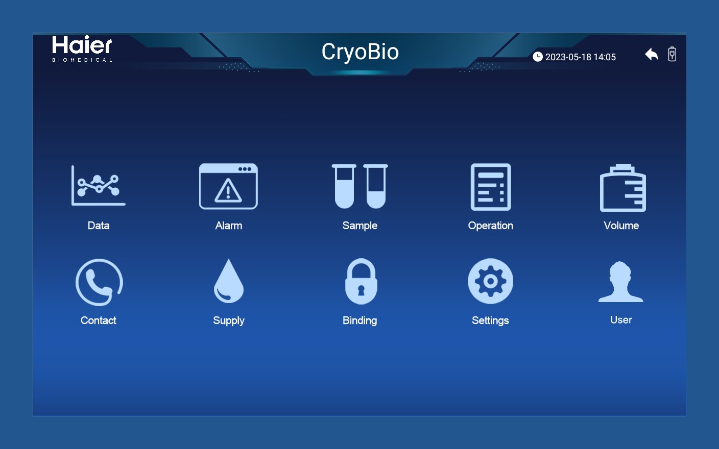 Haier Biomedical CryoBio 6S 자동 급액 액체질소 보관 용기 - 컨트롤러 메인 메뉴 화면(데이터·알람·시료·급액 등)