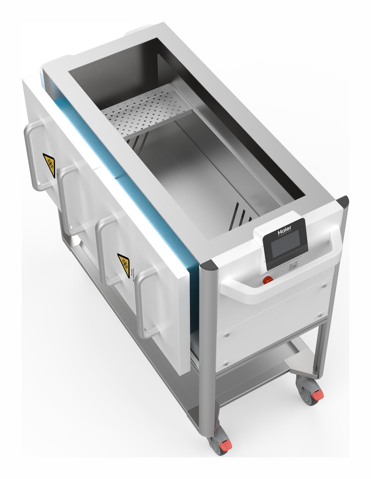 Haier Biomedical YDC-3000H 초저온 운송 카트 - 덮개를 연 스테인리스 보관 공간과 조작 화면