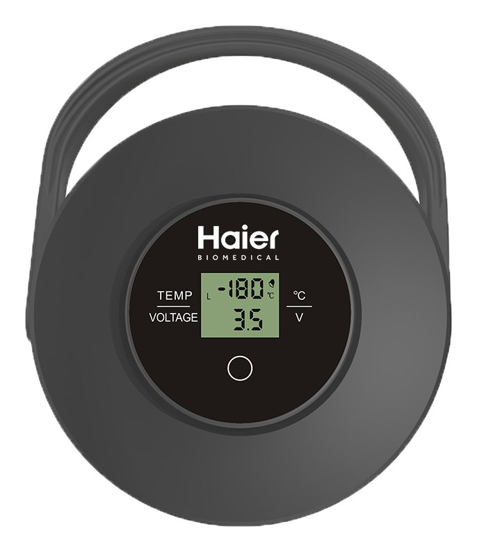 Haier Biomedical Bio-2T·Bio-6T 휴대용 극저온 운반 용기 - 덮개 위 표시창의 온도(-180 °C)와 전압 표시