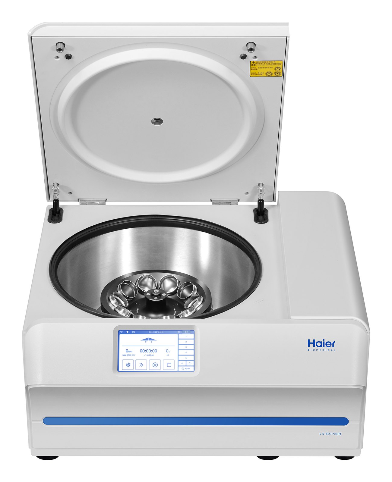 Haier Biomedical LX-155T750R 탁상형 냉장 원심분리기 - 뚜껑을 열어 스테인리스 챔버와 로터가 보이는 본체
