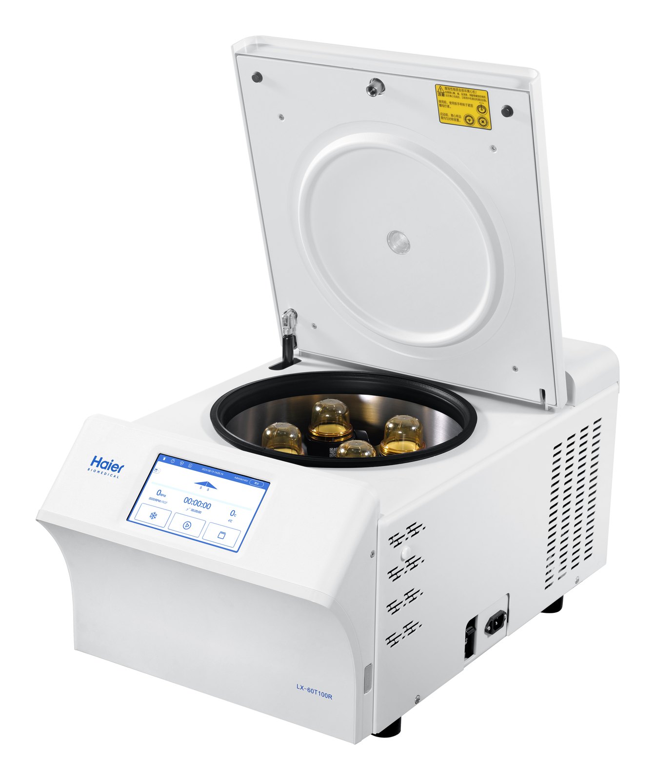 Haier Biomedical LX-60T100R R290 냉매 소형 냉장 원심분리기 - 뚜껑을 열어 버킷 로터가 보이는 본체
