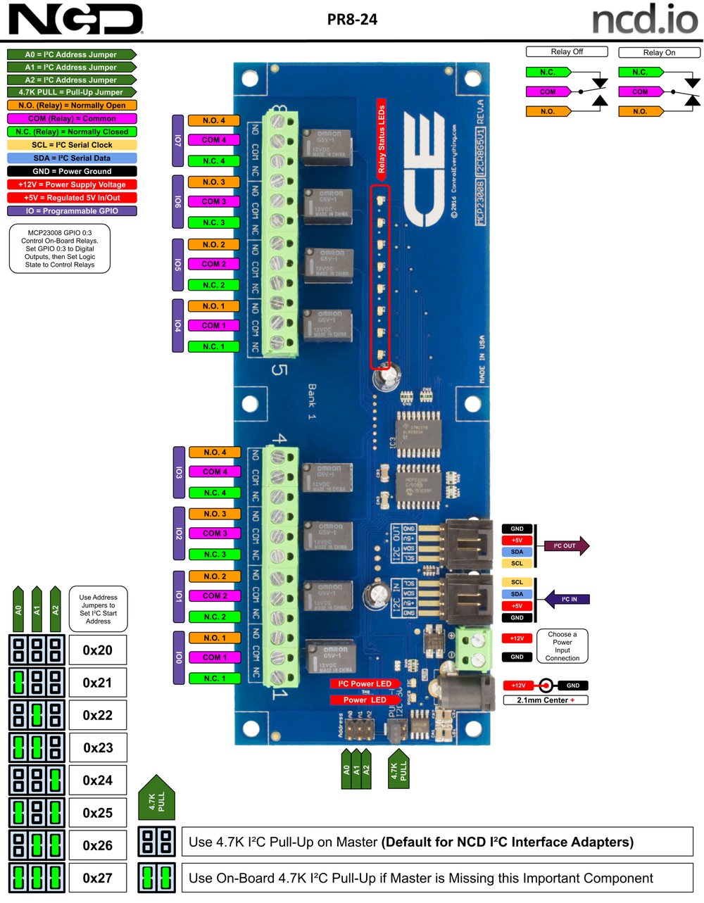 NCD I2C 인터페이스가있는 8 채널 1A SPDT 신호 릴레이 컨트롤러 상세 이미지 1