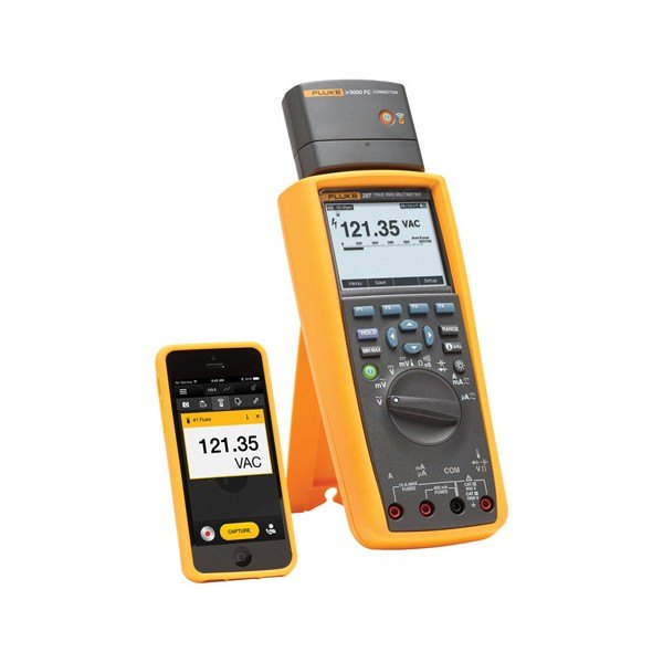 Fluke 287 - 무선 모듈을 장착한 멀티미터와 스마트폰 앱 화면
