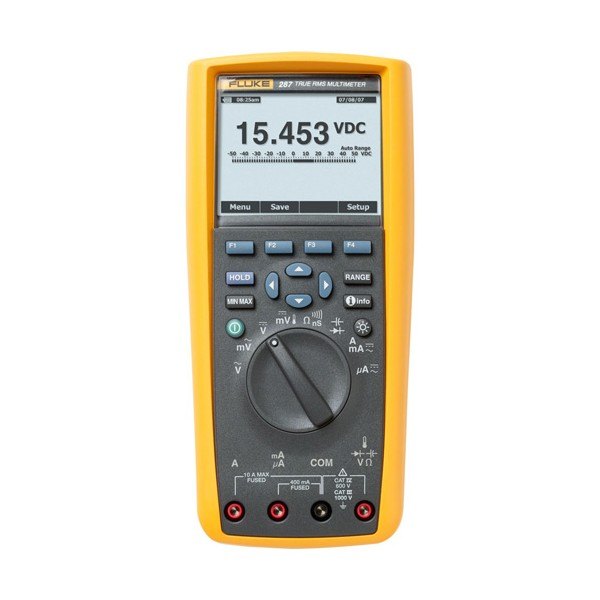 Fluke 287 - 측정값이 표시된 멀티미터 전면의 화면과 다이얼