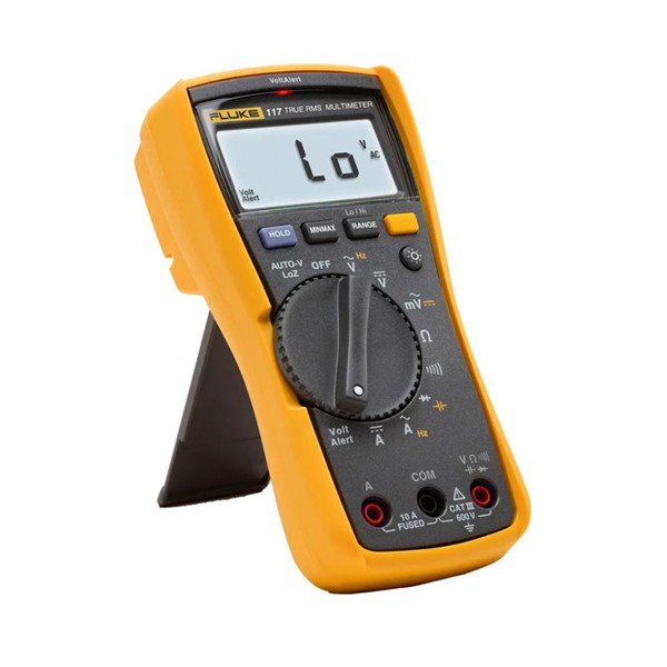 Fluke 117 - 스탠드를 펼쳐 비스듬히 세운 본체 모습