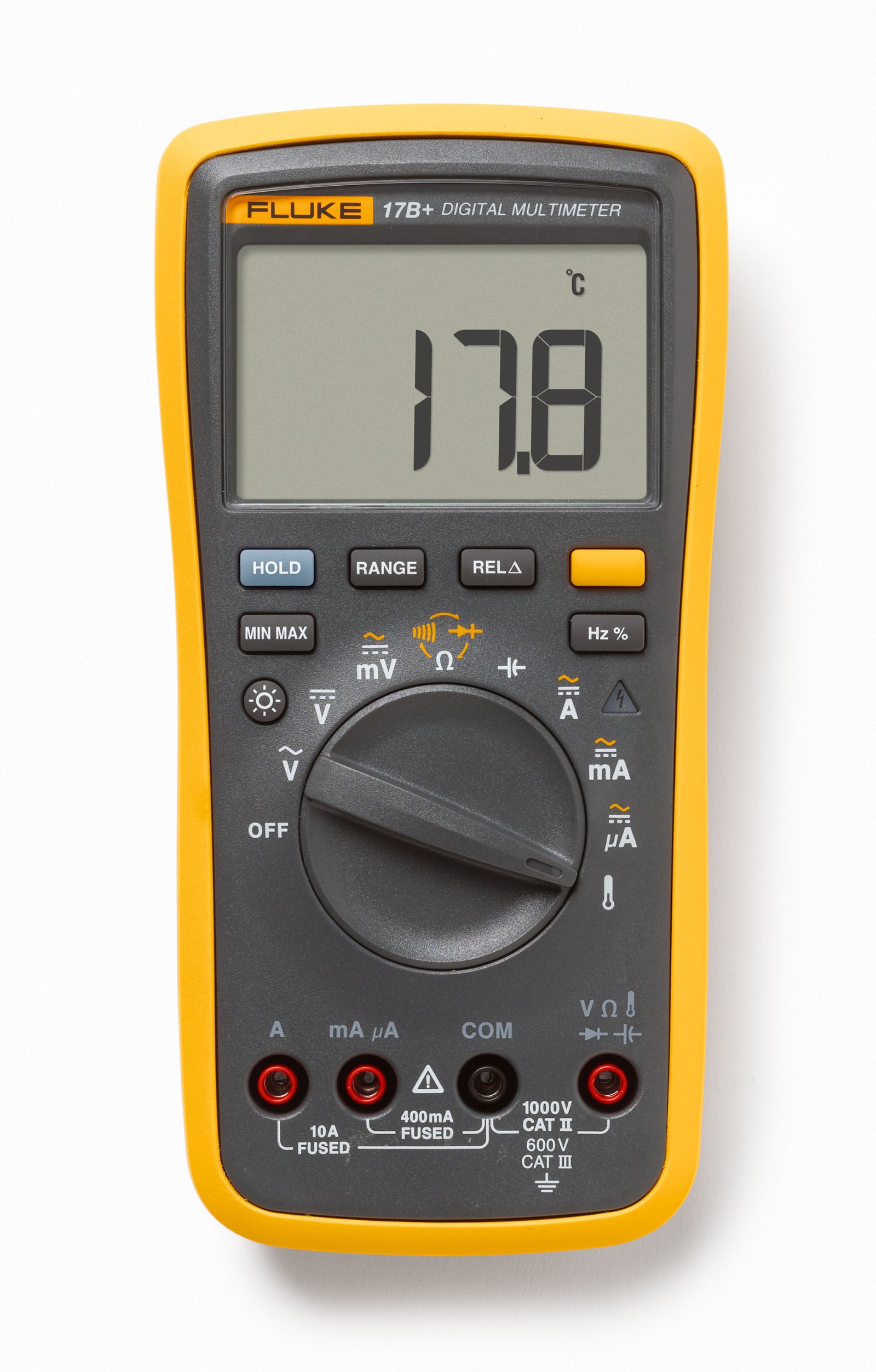 Fluke 17B+ ESP - 표시창과 로터리 다이얼, 입력 단자가 있는 멀티미터 전면