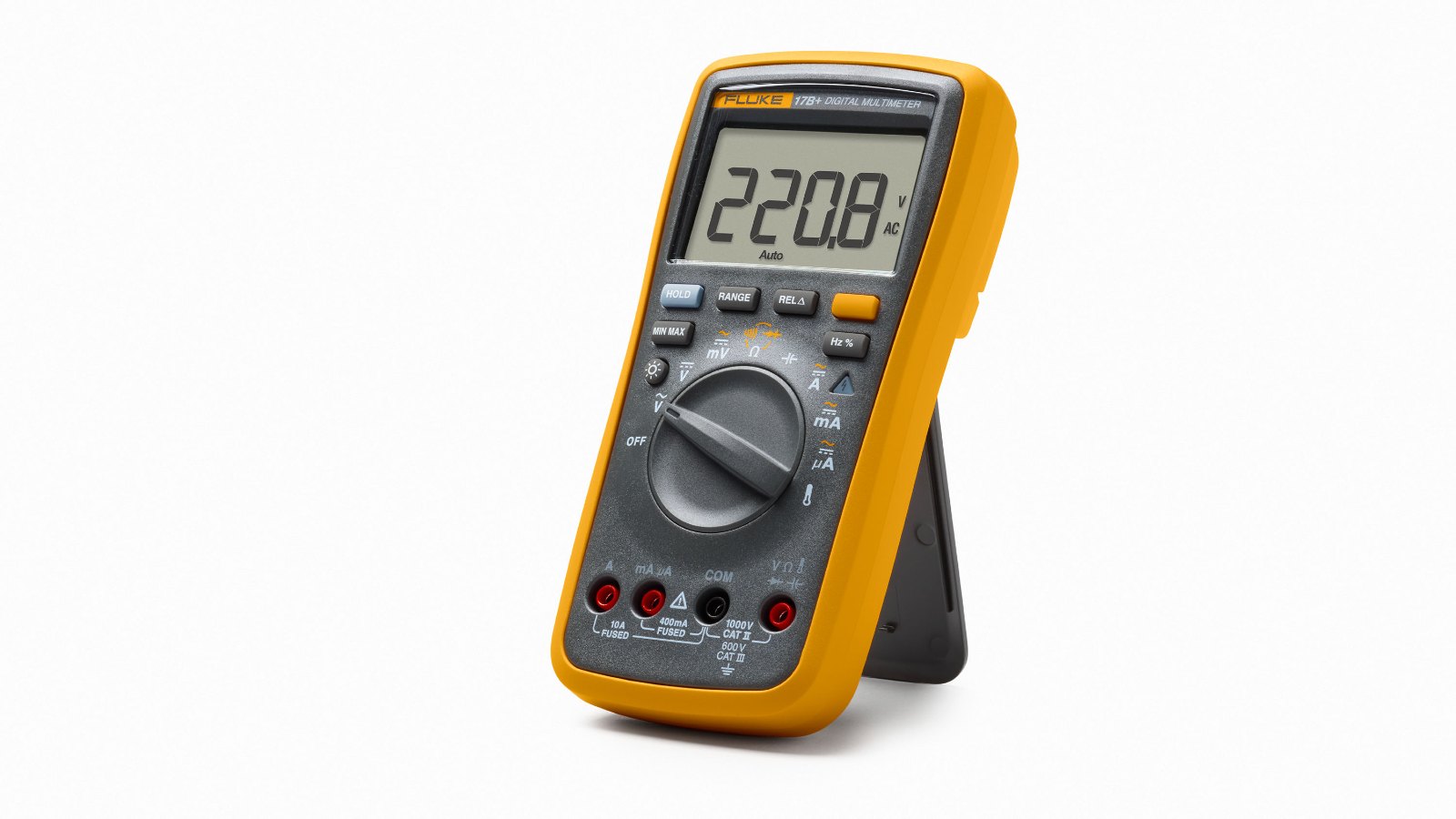 Fluke 17B+ ESP - 스탠드로 세운 멀티미터를 비스듬히 본 모습