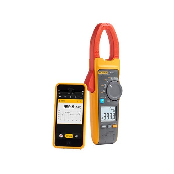 Fluke 376FC - 스마트폰 앱 화면과 클램프 미터를 함께 놓은 모습