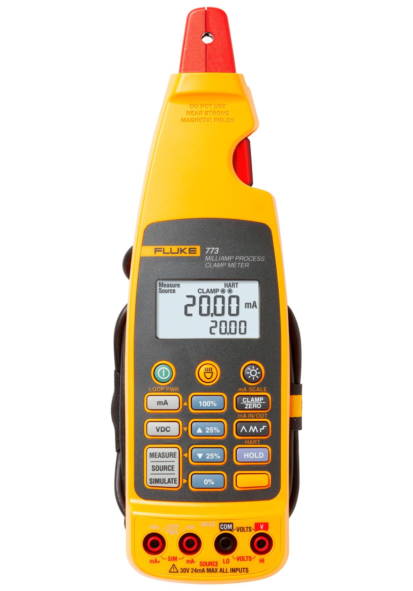 Fluke 773 - 클램프 헤드와 표시창, 버튼, 입력 단자가 보이는 전면