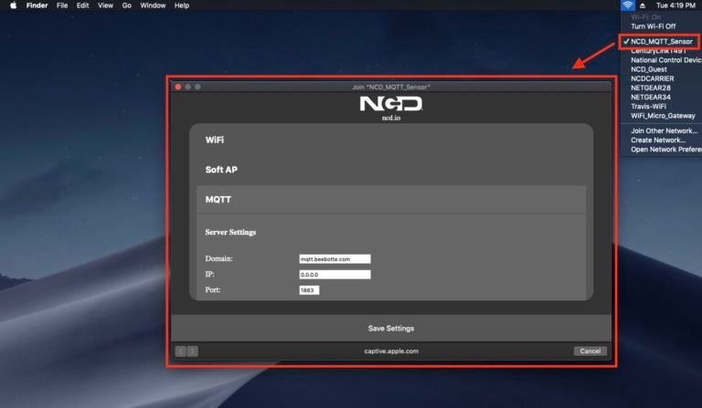 NCD PR58-1_MQTT - Wi-Fi와 MQTT 서버 설정을 입력하는 화면