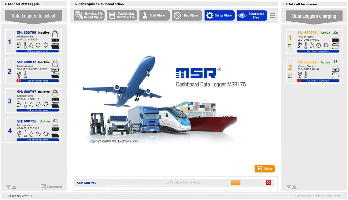 MSR175Pro - 데이터로거 목록과 설정 단계를 보여 주는 프로그램 화면