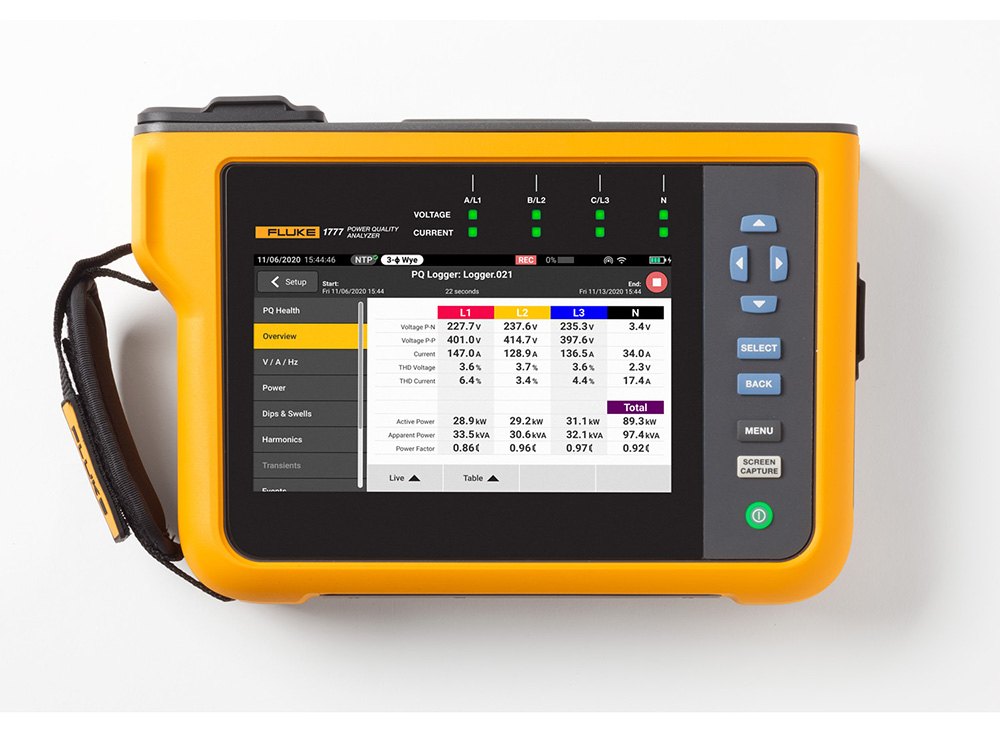 FLUKE-1773, 1775, 1777 - 표시창이 켜진 휴대형 전력 품질 분석기 전면부