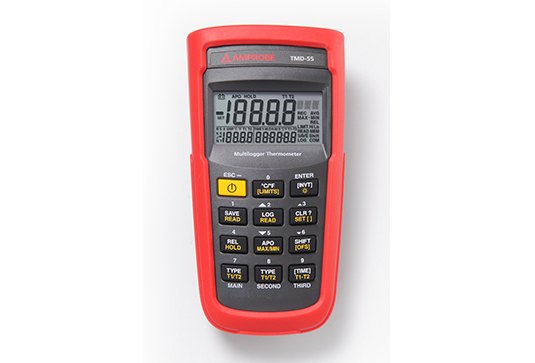 AMPROBE TMD-55 - 표시창과 조작 버튼이 있는 붉은색 온도 미터 전면