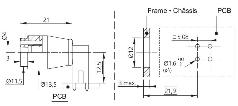 ELECTRO-PJP 3263.0 - 직각 소켓의 치수와 PCB 장착 홀 배치도