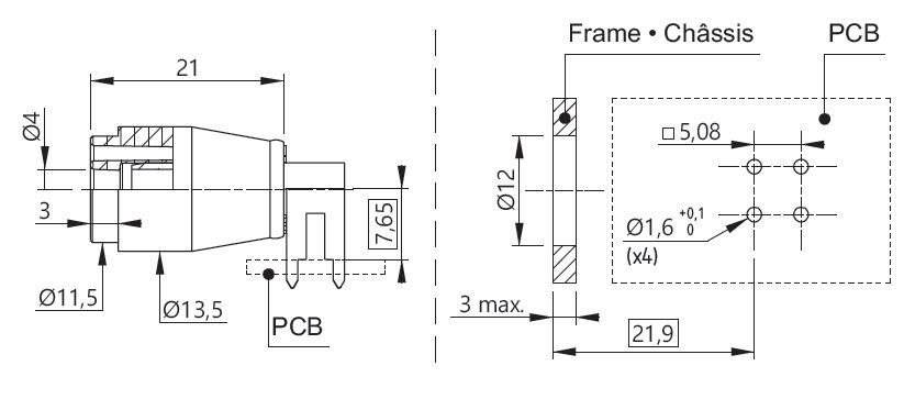 ELECTRO-PJP 3263SPCT - 직각 소켓의 치수와 PCB 장착 홀 배치도