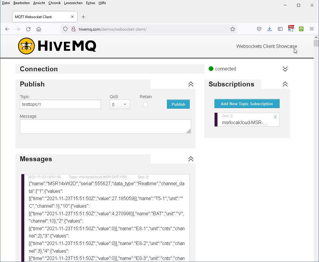 MSR LocalCloud - MQTT 웹소켓 클라이언트로 측정 메시지를 확인하는 화면