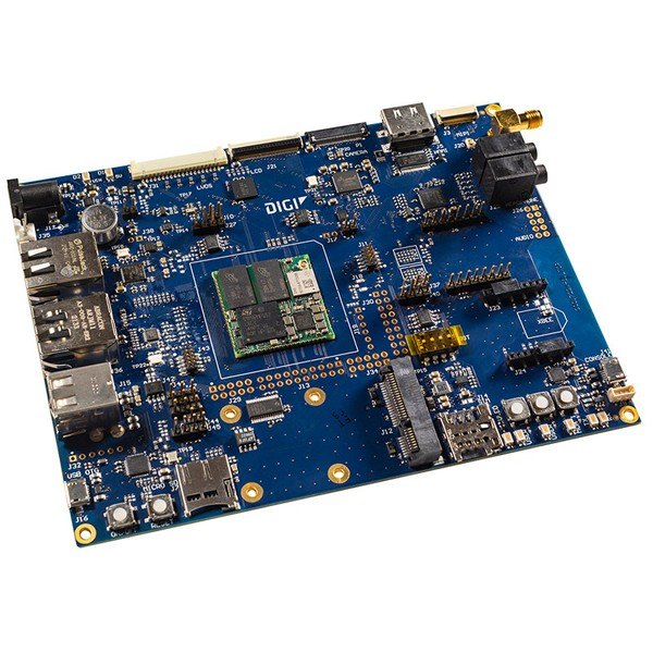 Digi ConnectCore MP1 - 모듈을 장착한 파란색 개발 보드 상단