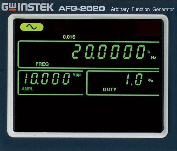 GWINSTEK AFG-2100/2000 시리즈 - 전면 표시창에 주파수와 진폭이 표시된 모습