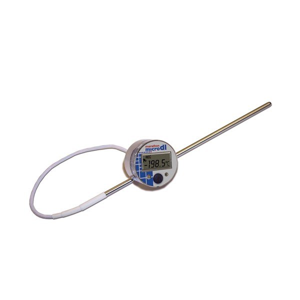 SpotSee microDL-200°C - 긴 탐침과 표시부가 연결된 데이터로거 모습
