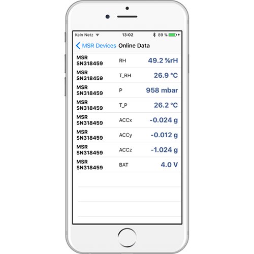 MSR App - 스마트폰 앱에 센서 측정값이 목록으로 표시된 화면