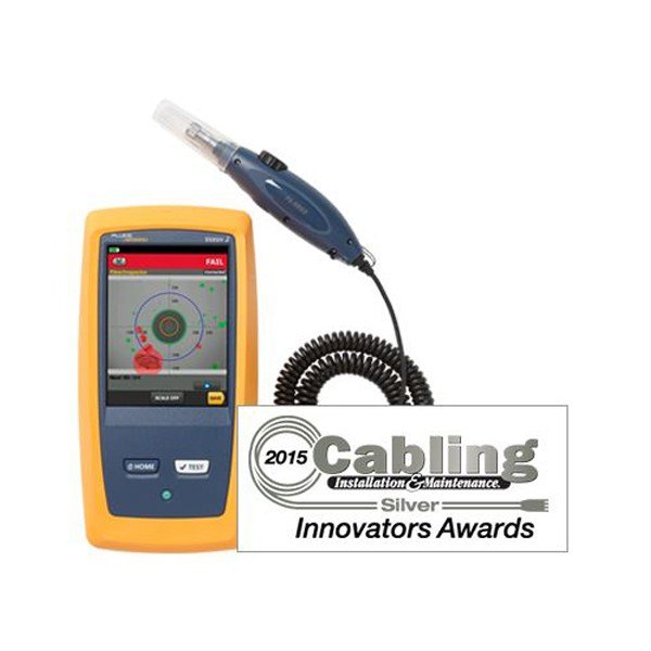 FLUKE NETWORKS FI-1000-KIT - 화면이 켜진 본체와 검사 프로브 연결 모습