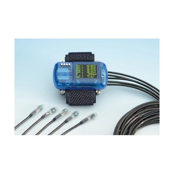 MSR147WD (BLE) - 암 밴드에 로거를 달고 여러 센서를 연결한 모습