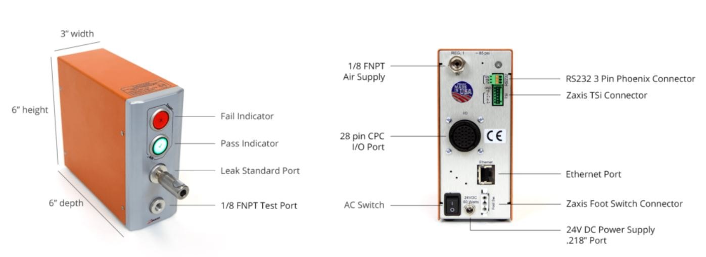 ZAXIS Ikit Leak Tester - 본체 전면과 후면의 단자 및 표시등 구성