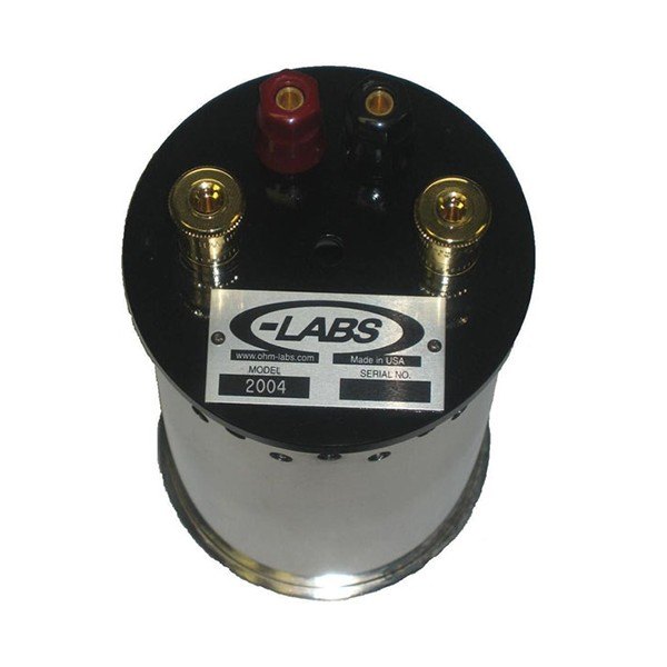 OHM-LABS 2000 series Low Resistance Standard - 라벨과 단자가 보이는 원통형 저저항 표준기