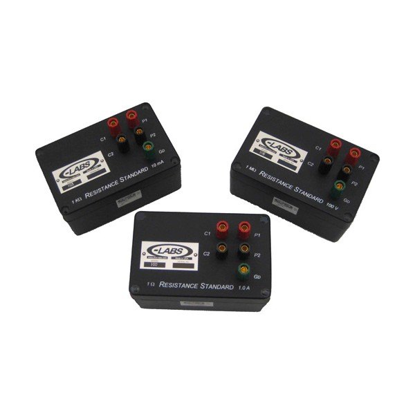 OHM-LABS 100 series standards - 단자가 달린 검은 케이스 표준 저항기 세 개