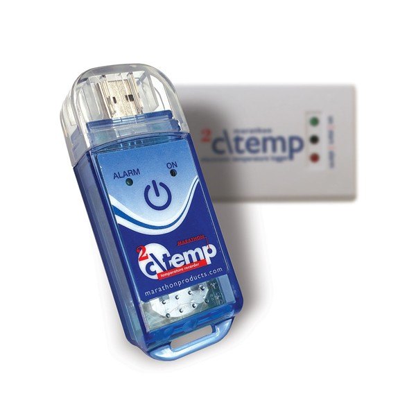 SpotSee 2ctemp-GEN2 - USB 단자와 전원 버튼이 있는 일회용 로거 모습