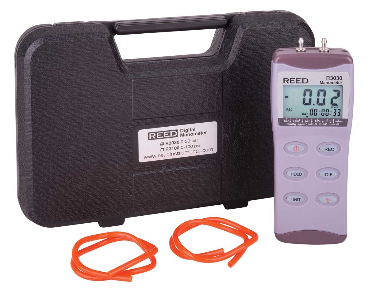 REED INSTRUMENTS R3030 - 휴대용 케이스와 디지털 마노미터 본체, 튜브 구성