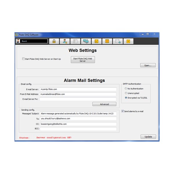 FLUKE CALIBRATION 2680A-APSW v6.0 - 알람 메일을 설정하는 소프트웨어 화면
